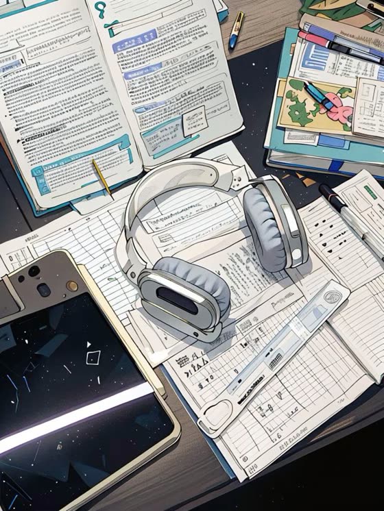 Illustrated study desk covered in handwritten notes and headphones